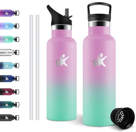 JAPORIA Edelstahl Trinkflasche Kinder 500ml, Thermosflasche mit Strohhalm, BPA-Frei, Kohlensäure Geeignet, Isolierflasche für Fitness, Sprudel