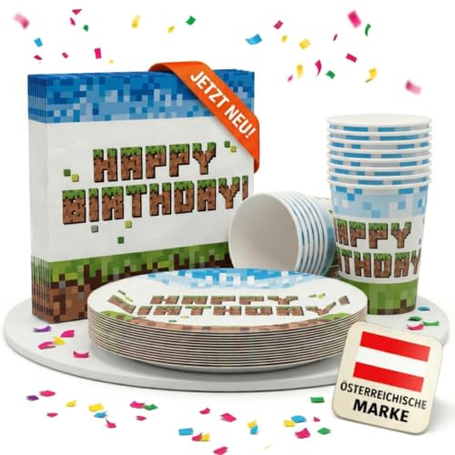 EV® Partygeschirr Set für 16 Kinder – Gaming Deko für Kindergeburtstag | Pixel Block Pappgeschirr - mit Pappteller, Becher & Servietten – Stilvolles Tischdeko Set für besondere Anlässe