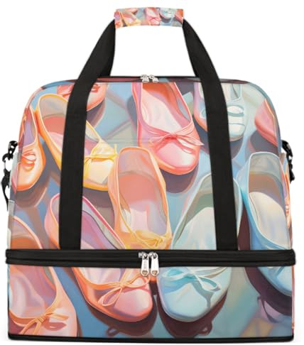Ginfult Bolsa de lona plegable con diseño de zapatos de ballet de pintura al óleo, bolsa de deporte para viajes, bolsa de gimnasio con compartimento para zapatos, para fin de semana, para mujeres y