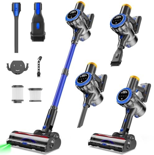 Ginaray Doré Aspirateur Balai sans Fil 580W, Poils D’Animaux & Tous Sols | Aspirateur Sans Sac Puissant ,Puissance Ajustable,Brosse Avec Éclairage LED,Cordless Vacuum Cleaner, Batterie Rechargeable