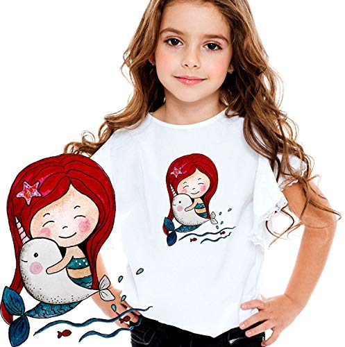 ilka parey wandtattoo-welt Bügelbild Mädchen mit Meerjungfrau und Einhorndelfin Bügelbilder Applikation Unterwasser bb036