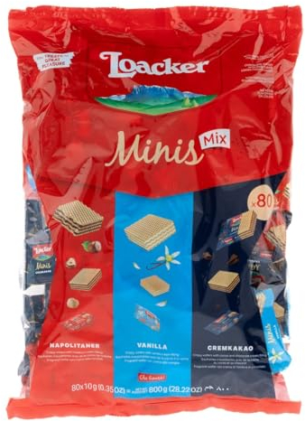 Loacker Party Pack XL, Mix di Mini Wafer Classic con Crema al Cioccolato, Nocciola e Vaniglia, 3 Varietà in 80 monoporzioni, Confezione Convenienza da 800g
