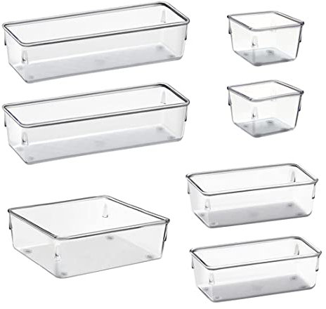Acrimet Drawer Organizer Modular, Box Tray Storage Bins for Office, Home, Makeup, Kitchen, Junk Drawer (7 Units - 4 Sizes) (Clear Crystal Plastic)