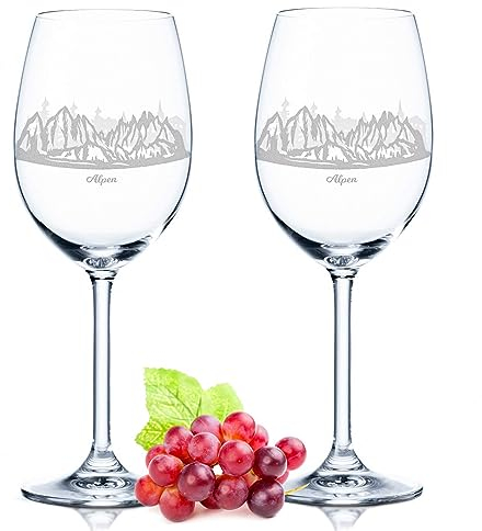 GRAVURZEILE Leonardo Weingläser mit Gravur - Skyline Alpen im Set - Hochwertige 360° Lasergravur - schönes Geschenk als Andenken, Souvenir oder für Sammler & Weingenießer zum Geburtstag