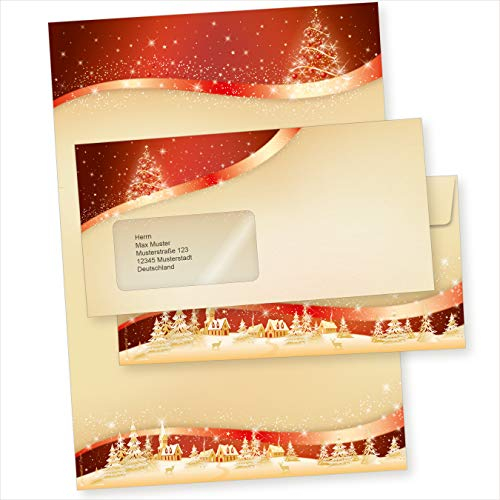 ROT GOLD 100 Sets Weihnachtsbriefpapier mit Fensterumschlag Briefpapier Weihnachten mit Umschlag mit Fenster