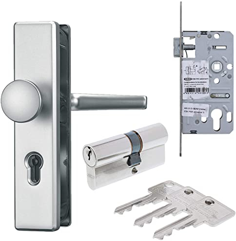 ABUS Türbeschlag Set aus Schutz-Wechselgarnitur DR/KN silber Einsteckschloss Türzylinder A93 28/34 mm inkl. 3 Schlüssel als Grundausstattung für Wohnungseingangstür