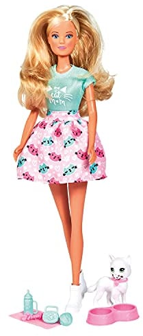 Simba 105733489 - Steffi Love Kitty Love, Puppe in einem modischen Outfit mit süßer Katze mit Essen um den Mund, mit viel Zubehör