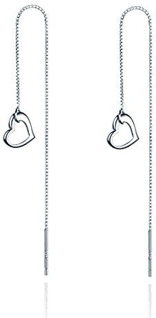 Reffeer Solide 925 Sterling Silber Liebe Herz Einfädler Ohrringe Quaste Kette für Frauen Herz Baumeln Ohrringe Lange Tropfen (A-Silber)