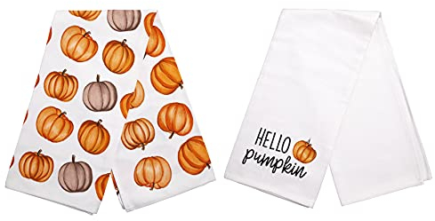 Pearhead Urlaubs-Geschirrtücher, saisonale Küchendekoration, Gastgebergeschenk, Herbstdekoration, 2 Stück, Hello Pumpkin