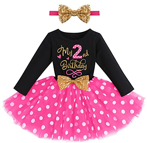 FYMNSI Robe de fête en coton à manches longues pour bébé fille avec bandeau, Noir + Rose - 2ème anniversaire, 2 ans