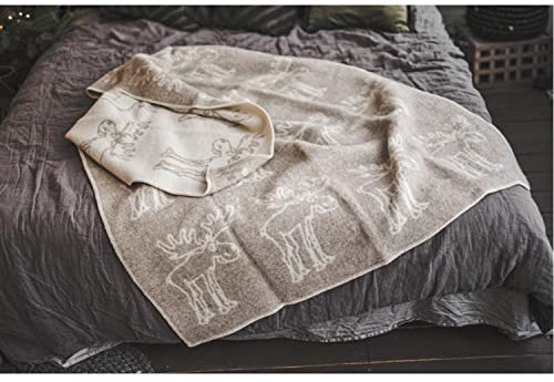 Ger3as Wendedecke Wolldecke Plaid 130 x 200 cm Warme Decke aus Schafwolle Decke Kuscheldecke Wolle Überwurf, Baumwolle Plaid oder Kuscheldecke für Sofa (Elch beige1)