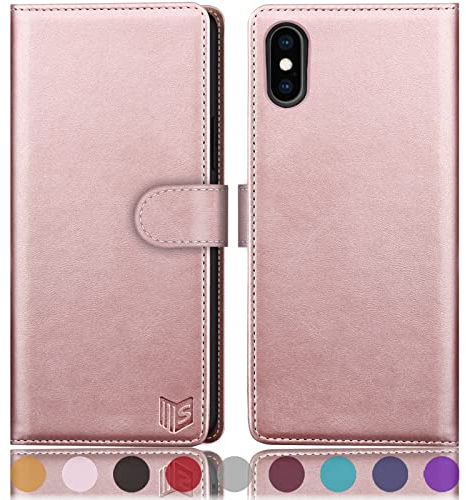 SUANPOT [RFID Schutz für iPhone X/XS 5,8-Zoll hülle PU Leder handyhülle Lederhülle klapphülle Kartenfach Flip Phone Case Cover für iPhone X/XS handyhülle Roségold