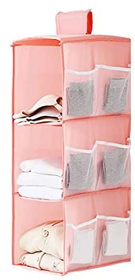 XiXiRan Hängeregal Kleiderschrank, 3 Fächer Hängender Organizer Schrank, mit 9 Netzseitentaschen für Familienschrank Schlafzimmer, Faltbar und Universal Fit- 30 * 22.5 * 60cm (Rosa DREI Schichten)
