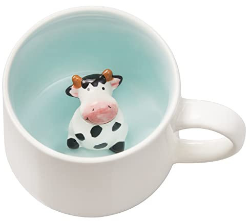 3D Coffee Mug Cow Inside Cup,Cute Handmade Animal Figurine Ceramics Teacup,Christmas,Birthday,Mother's Day Gifts for Friends Family or Kids,Best Cocoa Cups Couples Mugs (White Big Cow)