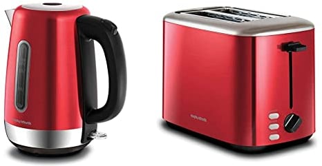 Morphy Richards Equip Red Jug Kettle - 1.7L - Rapid Boil - Limescale Filter - 102785 & Equip Red 2 Slice Toaster - Defrost And Reheat Settings - 2 Slot - Stainless Steel - 222066