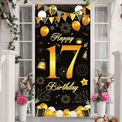 17. Geburtstag Deko Schwarz und Gold, 17 Jahr Geburtstag Tür Banner Hintergrund für Junge Mädchen, Extra Große Stoff 17. Stoff Poster Schild für Geburtstag Dekoration Wand Garten, 72,8 × 35,4 Zoll