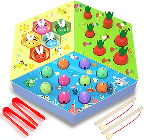 Uping Magnetisches Angelspiel ab 3 Jahr, 3 in 1 Kinder Motorikspielzeug Montessori Sortierspiel Holzpuzzle Karottenernte Lernspielzeug für Kinder als Geburtztag Geschenk
