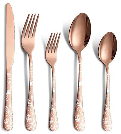 Jxkgenix Besteck Set, 4 Personen Essbesteck Set 20 teilig, Messer, Gabel, Löffel, Muster, Besteck Edelstahl Spiegelpoliert, Spülmaschinenfest (Roségold)