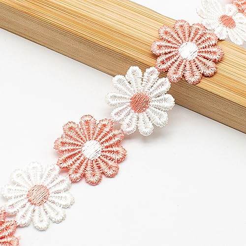 XCSJ 5 Yard 25mm Blumen Spitzenband Spitzenborte Stickerei Dekoband Zierband Borten Bänder Blumenband Gänseblümchen Dekoband Spitzen Spitzenborte Für Hochzeit Deko Handwerk Nähen Deko (Hell-Pink)