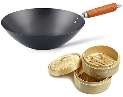 Ken Hom Wok 31 cm - Karbonstahl Antihaft Wokpfanne mit Holzgriff - für Gas, Elektro & Glaskeramik nicht induktionsgeeignet - Set inkl. 2-stöckigem Holz Dampfgarer 20 cm