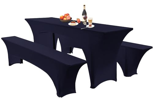 Elastische Hussen Für Bierzeltgarnitur Biertischhussen Bierbank-Auflage & Tischdecke 50 cm Oder 70 cm Tischbreite, 3 TLG Set Stretch Hussen Für Festzeltgarnituren Bierbank (50cm,Dark Blue)