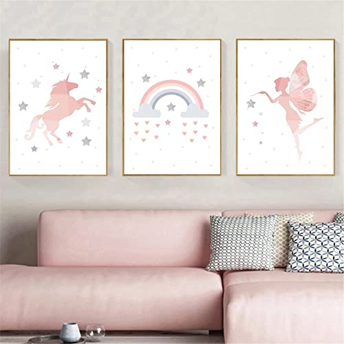 CULASIGN 3er Set Rosa Poster Kinder, Regenbogen, Pferd und Elf Poster, Wandbilder Kinderzimmer Babyzimmer Poster Bilder Mädchen Jungen Deko (50x70cm)