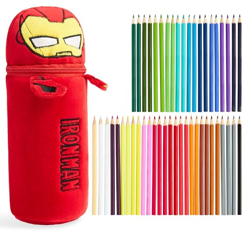 Marvel Pencil Case with 48 Colouring Pencils Included - Kids Spiderman Plush Filled Pencil Case - Gifts for Kids (Red Iron Man)