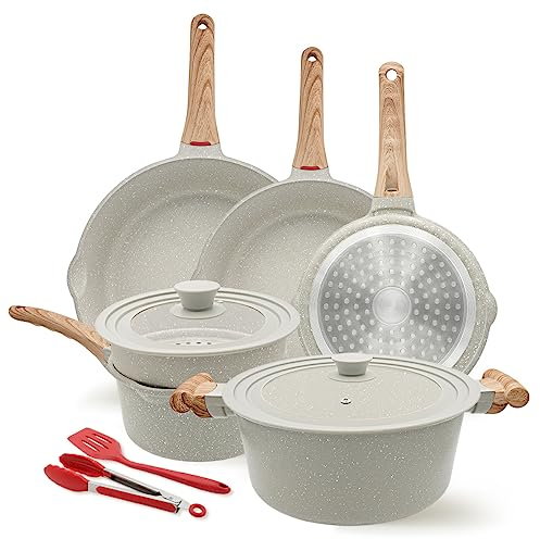 Bobikuke Juego de Sartenes 20/ 24cm/28cm Antiadherentes 10 Piezas con Tapa Universal, Cacerola 18cm+ Steamer+ 4.7L Cacerola, Espátula, Pinzas de Parrilla, Bateria de Cocina de Libre de PFOA