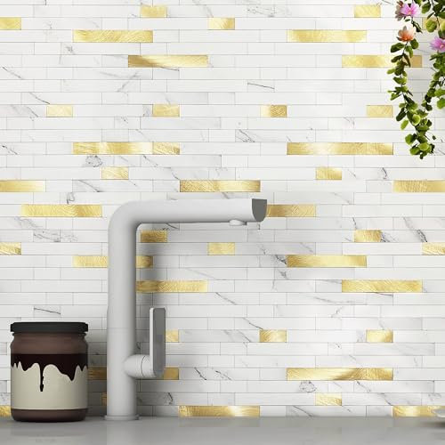 M MOFIT 3d Selbstklebende Fliesen Fliesenaufkleber Wandfliese Küche Mosaikfliesen Steinoptik Bad Wasserdicht(10 Matten,Weiß Gold)