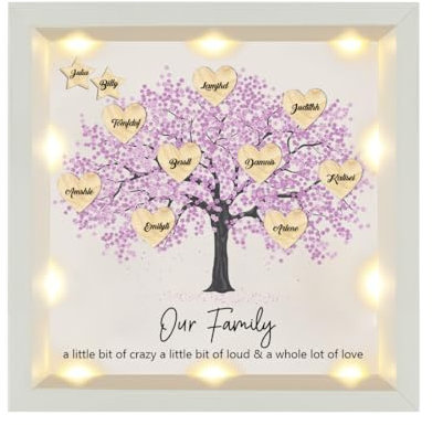 Personalized Name Family Tree Shadow Box with Lights,Custom LED Memory Wooden Shadowbox with Kids Name Picture Frame Display Case,Christmas Birthday Gift for Mom Nana Grandma,Style 3