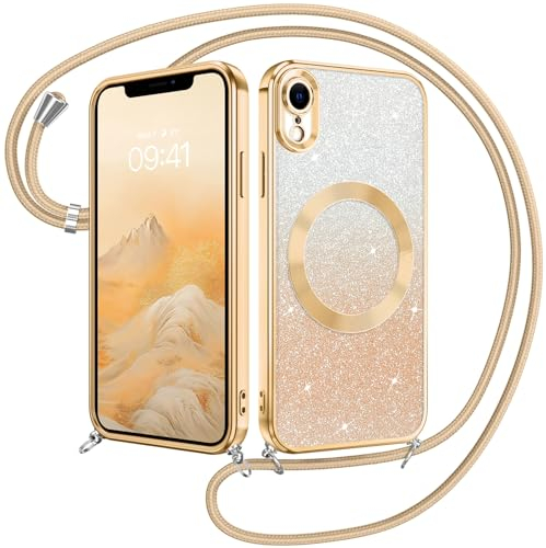 GUAGUA Handyhülle für iPhone XR Hülle mit Band, für Phone XR Handykette [Kompatibel mit MagSafe] Glitzer Magnetische Schutzhülle Stoßfeste Weiche TPU Case Cover Schutzschale, (6,1'') Gold