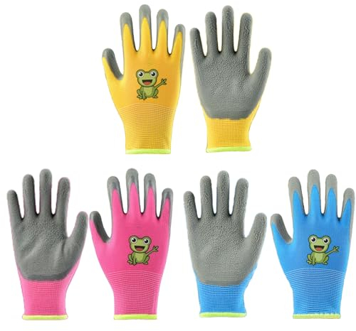 FDJZXW 3 Paar Gartenhandschuhe Kinder,Arbeitshandschuhe Kinder,Kinder Gartenhandschuhe für 3-5 Jahre,Wasserabweisende Anti-Rutsch Latex Arbeitshandschuhe Kinder,Cartoon Arbeitshandschuhe Kinder