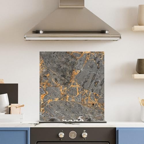 Premium (w)60cm x (h)65cm Grey Marble Glass 6mm Kitchen Splashback Heat Resistant Toughened Polished Edges - Back Splash Back Coloured Hob Painted Tempered Splashback