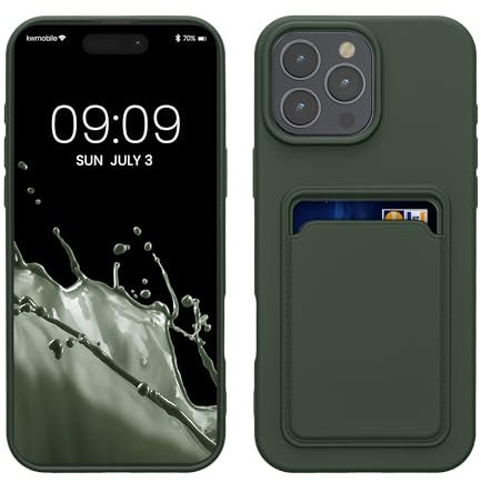 kwmobile Case Compatible with Apple iPhone 16 Pro Max Case - TPU Phone Cover with Credit Card Holder - Dark Green