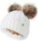 Creekstone Bommelmütze Damen Mit Satin gefütterte Wintermütze, warme Beanie Hat Strickmützen mit Kunstfell-Doppel-Pom (DE/NL/SE/PL, Alphanumerisch, Einheitsgröße, Weiß)