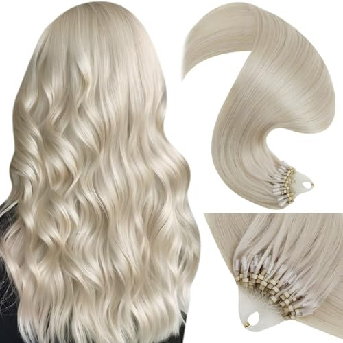 LaaVoo Micro Loop Hair Extensions Real Human Hair Blonde Remy Straight White Blonde Invisible Micro Ring Hair Extensions 50g 50s 16 Inch #60