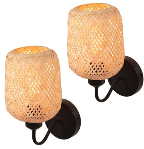 TOKTOP Lot de 2 Applique Murale Vintage Lampe Murale Tressée à la Main Abat-jour en Bambou E27 Rétro Cage Éclairage Luminaire pour Chambre à Coucher, Salon, Couloir