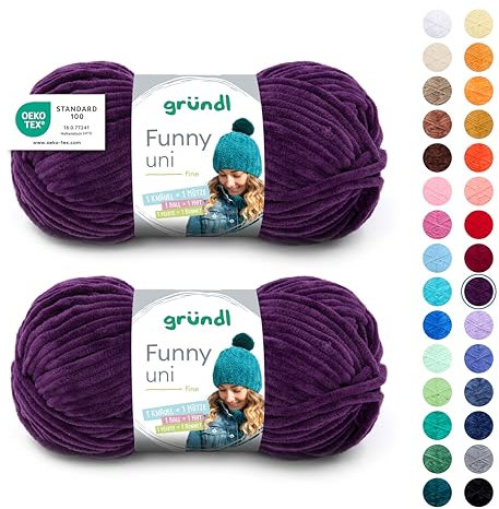 Gründl Wolle Funny uni - weiche Chenille Wolle zum Häkeln - Kuschelig und hautfreundlich - 100% Polyester - 2 Knäuel 100 g / 120 m - Nadelstärke 5-6, Aubergine
