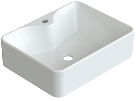 Waschbecken aus Keramik Weiß Eckig 49 x 38 cm Aufsatzwaschbecken für Waschtisch Unterschrank Waschplatz Badezimmer Rechteckiger Handwaschbecken Waschschale mit Hahnloch | OHNE Überlauf