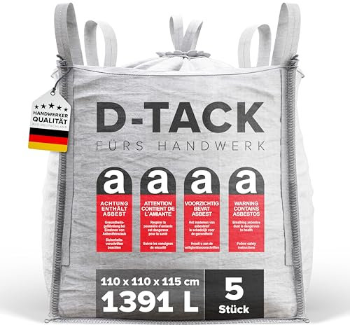 D-TACK 5x Big Bag Asbest | 110 x 110 x 115 cm | Säcke für sichere Asbest-Entsorgung | SWL 1.500 kg | DIN EN ISO 211898 zertifiziert | 4 Schlaufen für Kran & Stapler | Inkl. Schürze zum Zubinden