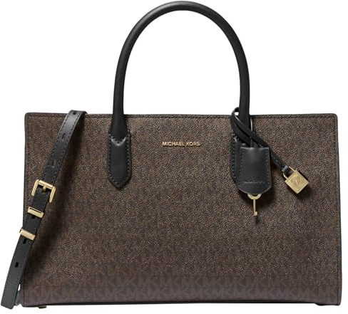 Michael Kors Damen Scarlett Medium Satchel Umhängetasche, Goldfarbene Metallteile/Braun/Schwarz