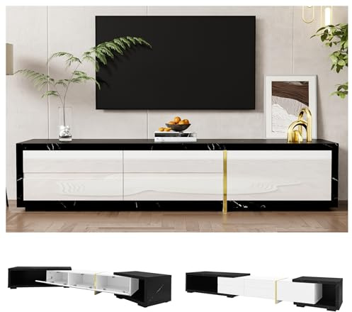 Wyibwy Mueble de TV con longitud variable (140-260 cm), función giratoria, aspecto mármol negro, acabado mate blanco brillante y decoración dorada, mueble tv salón