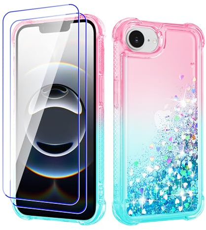 Pilaru Lovely Glitter Case for iPhone 16e/17e [2 Screen Protector] Clear Liquid Heart Glitter Soft TPU Cover Transparent Girly Shockproof Protective Phone Case for iPhone 16e/17e,Rose-Green