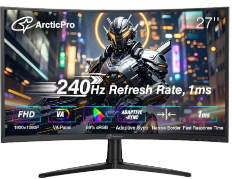 ArcticPro - 27 240Hz curved gaming monitor, FHD 1080p, VA panel, 1ms response time computer display, adaptive sync, 3-sided frameless, ultra-thin, 99% sRGB, filter