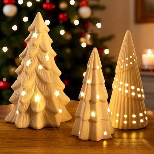 AELS Albero di Natale in ceramica illuminato senza fili, set di 3, bianco opaco, statuette natalizie decorative con luci per decorazioni natalizie natalizie, decorazioni natalizie bianche
