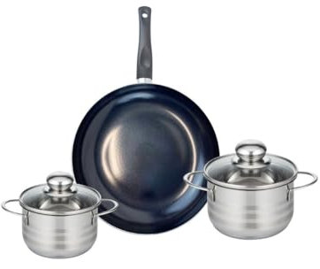 ELO 9716450 Batterie de cuisine 3 pièces, Ensemble de 1 Poêle de cuisson 28 cm et 2 faitouts 14 et 16 cm Elo Prima Brillant, inox, induction
