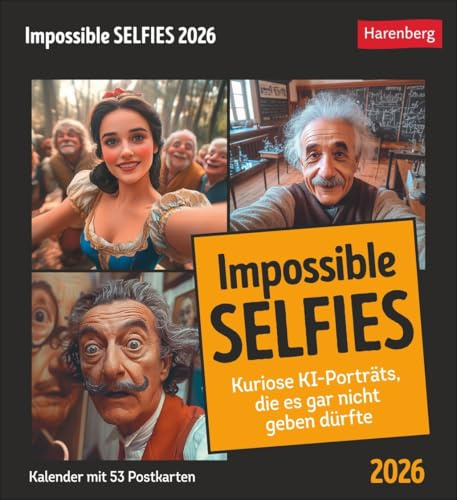 Postkartenkalender Impossible Selfies - Kalender 2026 - Harenberg-Verlag - Wochenkalender mit 53 heraustrennbaren Postkarten mit kuriosen KI-Porträts - 16 cm x 17,5 cm