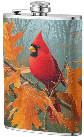 Fiaschetta tascabile con uccellino rosso su albero di quercia e foglie d'arancio, 236 ml, in acciaio inox, per papà, testimone dello sposo, matrimonio, viaggi, campeggio