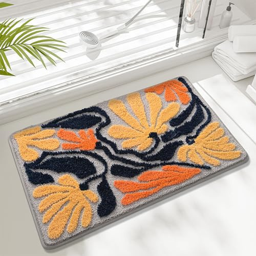 Badvorleger Waschbar Grau Orange Blumen Badematte rutschfest Teppich Bad Weich Badezimmer Matte Schnelltrocknend Bathroom Mat Wohnraumdekoration Badezimmermatten (50x80cm)