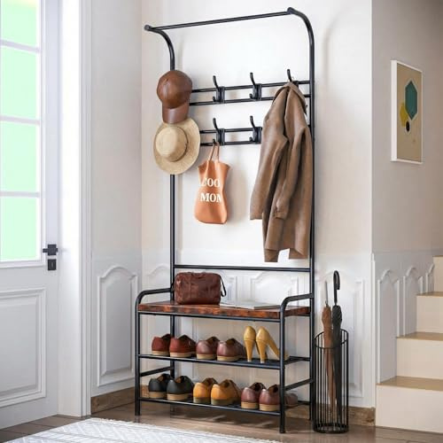 JOLLYTOP Industrial Garderobe Mit Sitzbank – Schmale Flurgarderobe Mit Schuhbank, 8 Abnehmbaren Haken, Kleiderstange & 3 Ablagen – Platzsparender Hall Tree Aus Metall & Holz,Vintage-Farben